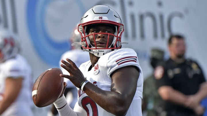 Sep 4, 2021; Memphis, Tennessee, USA; Nicholls State Colonels quarterback Lindsey Scott Jr. (0) warms up before the game against the Memphis Tigers  at Liberty Bowl Memorial Stadium. Mandatory Credit: Justin Ford-USA TODAY Sports