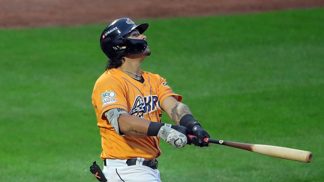 RubberDucks designated hitter Ralphy Velazquez watches his shot down the first-base line during a game Aug. 21, 2025, in Akron. RubberDucks designated hitter Ralphy Velazquez watches his shot down the first-base line during a game Aug. 21, 2025, in Akron.