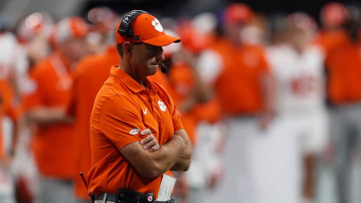 Clemson head coach Dabo Swinney reacts on the sideline during the second half of the NCAA Aflac Kickoff Game against Georgia in Atlanta, on Saturday, Aug. 31, 2024.