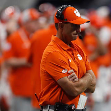 Clemson head coach Dabo Swinney reacts on the sideline during the second half of the NCAA Aflac Kickoff Game against Georgia in Atlanta, on Saturday, Aug. 31, 2024.