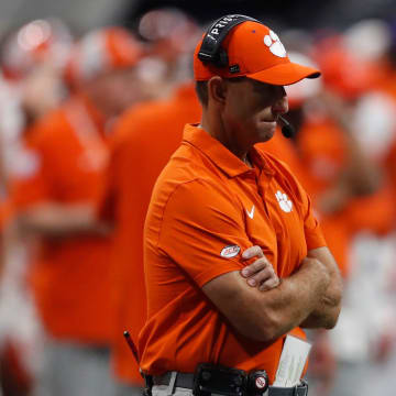 Clemson head coach Dabo Swinney reacts on the sideline during the second half of the NCAA Aflac Kickoff Game against Georgia in Atlanta, on Saturday, Aug. 31, 2024.