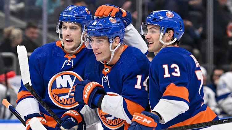 Feb 8, 2024; Elmont, New York, USA; New York Islanders defenseman Ryan Pulock (6) and New York