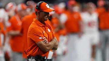 Clemson head coach Dabo Swinney reacts on the sideline during the second half of the NCAA Aflac Kickoff Game against Georgia in Atlanta, on Saturday, Aug. 31, 2024.