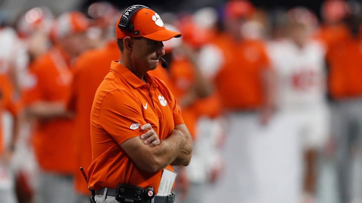 Clemson head coach Dabo Swinney reacts on the sideline during the second half of the NCAA Aflac Kickoff Game against Georgia in Atlanta, on Saturday, Aug. 31, 2024.