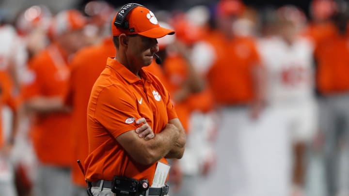 Clemson head coach Dabo Swinney reacts on the sideline during the second half of the NCAA Aflac Kickoff Game against Georgia in Atlanta, on Saturday, Aug. 31, 2024.