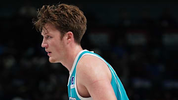 Oct 11, 2025; Dallas, Texas, USA; Charlotte Hornets guard/forward Kon Knueppel (7) stands on the court in the second half of a game against the Dallas Mavericks at American Airlines Center.