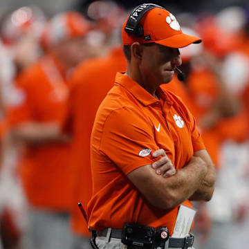 Clemson head coach Dabo Swinney reacts on the sideline during the second half of the NCAA Aflac Kickoff Game against Georgia in Atlanta, on Saturday, Aug. 31, 2024.