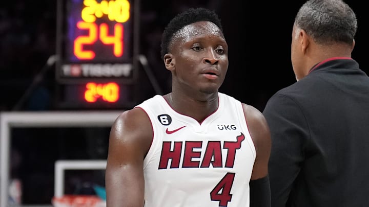Feb 25, 2023; Charlotte, North Carolina, USA; Miami Heat guard Victor Oladipo (4) walks from the court in the second half against the Charlotte Hornets at Spectrum Center. Mandatory Credit: David Yeazell-Imagn Images Feb 25, 2023; Charlotte, North Carolina, USA; Miami Heat guard Victor Oladipo (4) walks from the court in the second half against the Charlotte Hornets at Spectrum Center. Mandatory Credit: David Yeazell-Imagn Images