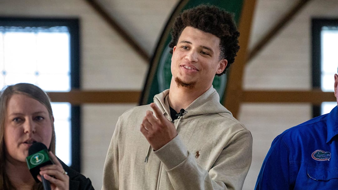 University of Florida basketball player, Walter Clayton Jr. addresses the crowd gathered for the City of Lake Wales' ribbon-cutting ceremony at Albert Kirkland Gymnasium Friday April 18 , 2025 in Lake Wales Fl. 
Ernst Peters/The Ledger