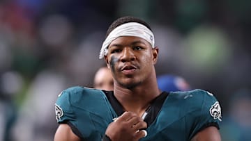 Sep 4, 2025; Philadelphia, Pennsylvania, USA; Philadelphia Eagles linebacker Nolan Smith Jr. (3) against the Dallas Cowboys at Lincoln Financial Field. Mandatory Credit: Bill Streicher-Imagn Images