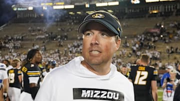 Sep 7, 2024; Columbia, Missouri, USA; Missouri Tigers head coach Eli Drinkwitz on field after the win over the Buffalo Bulls at Faurot Field at Memorial Stadium. Mandatory Credit: Denny Medley-Imagn Images