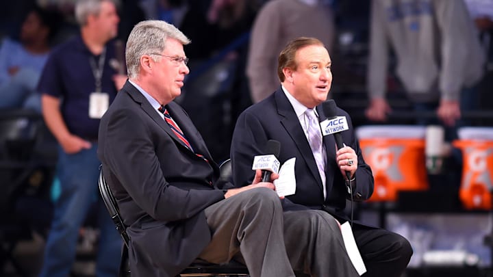 Dec 31, 2016; Atlanta, GA, USA; ACC Network broadcasters Mike Gminski (L) and  Tim Brando (R) at McCamish Pavilion. Mandatory Credit: Adam Hagy-Imagn Images