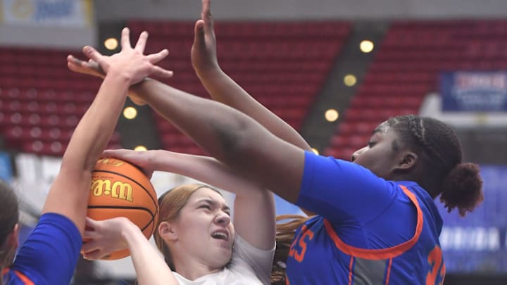 Somerset Academy's Alanna Fabrini (3) shoots against Bolles' Terrell McCoy (22) and is fouled by Bolles' Leila Goll (2) (left) during the class 3A state semi-final in the FHSAA Basketball State Championships at the RP Funding Center in Lakeland, Fl on Friday February 28, 2025.