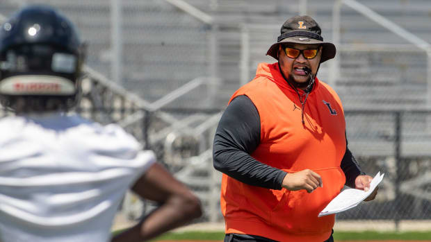 Lakeland Football coach Marvin Frazier runs Spring football practice at Bryant Stadium in Lakeland Fl. Monday April 29, 2024.