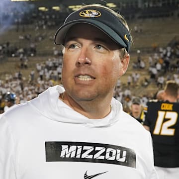 Sep 7, 2024; Columbia, Missouri, USA; Missouri Tigers head coach Eli Drinkwitz on field after the win over the Buffalo Bulls at Faurot Field at Memorial Stadium. Mandatory Credit: Denny Medley-Imagn Images
