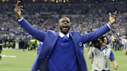 Former Indianapolis Colts Reggie Wayne greets his fans in the Northeast corner of the stadium after he  was inducted into the Colts Ring of Honor during halftime of the Colts game against the Tennessee Titans at Lucas Oil Stadium on Sunday, Nov. 18, 2018.

The Indianapolis Colts Host The Tennessee Titans In Nfl Action