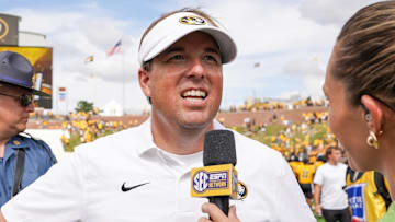 Sep 14, 2024; Columbia, Missouri, USA; Missouri Tigers head coach Eli Drinkwitz speaks to a reporter after the win over the Boston College Eagles at Faurot Field at Memorial Stadium. Mandatory Credit: Denny Medley-Imagn Images