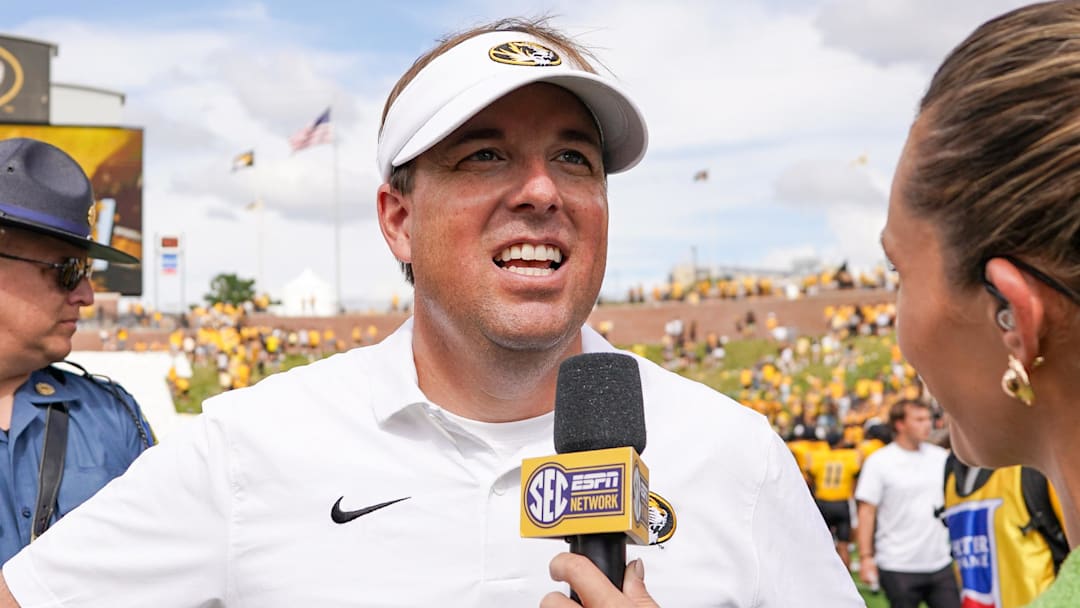 Sep 14, 2024; Columbia, Missouri, USA; Missouri Tigers head coach Eli Drinkwitz speaks to a reporter after the win over the Boston College Eagles at Faurot Field at Memorial Stadium. Mandatory Credit: Denny Medley-Imagn Images