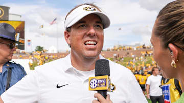 Missouri Tigers head coach Eli Drinkwitz speaks to a reporter after the win over the Boston College Eagles at Faurot Field at Memorial Stadium. 