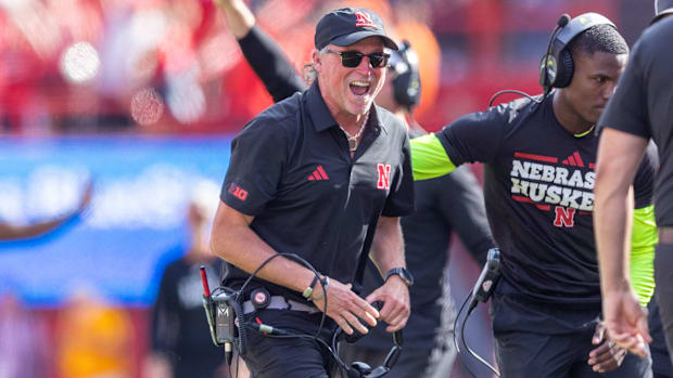 Nebraska offensive coordinator Dana Holgorsen reacts after the Huskers' Hail Mary touchdown against Michigan on Sep. 20, 2025