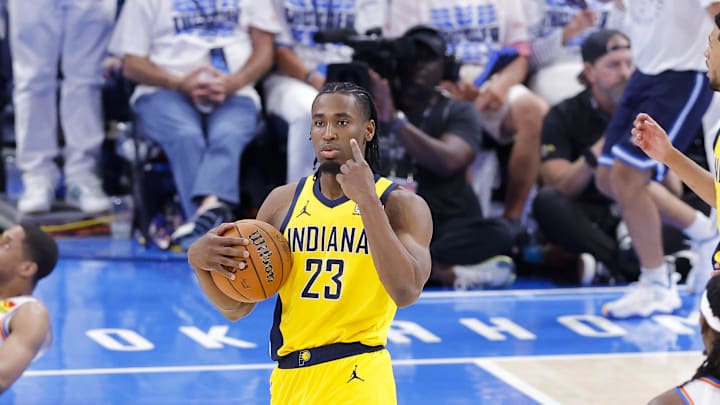 Aaron Nesmith motions to the Pacers' bench in the fourth quarter of Game 5.