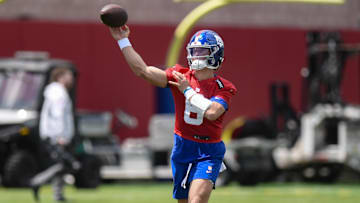 May 10, 2025; East Rutherford, NJ, USA; New York Giants quarterback Jaxson Dart (6) throws a pass during rookie minicamp at Quest Diagnostics Training Center. Mandatory Credit: John Jones-Imagn Images