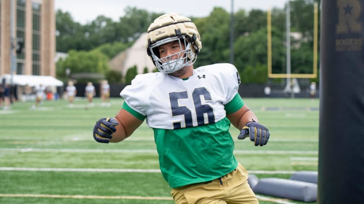 Howard Cross III DL of the Fighting Irish at Notre Dame football practice at the Irish Athletic Center on August 7, 2023.