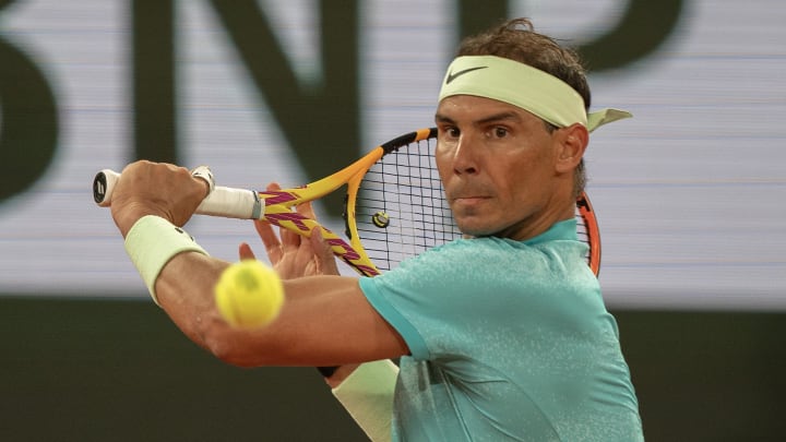 May 27, 2024; Paris, France; Rafael Nadal of Spain returns a shot during his match against Alexander Zverev of Germany on day two of Roland Garros at Stade Roland Garros. May 27, 2024; Paris, France; Rafael Nadal of Spain returns a shot during his match against Alexander Zverev of Germany on day two of Roland Garros at Stade Roland Garros.