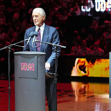 Jan 19, 2024; Miami, Florida, USA; Miami Heat president Pat Riley speaks during the jersey retirement ceremony for former player Udonis Haslem during halftime of the game between the Miami Heat and the Atlanta Hawks Kaseya Center. Mandatory Credit: Jasen Vinlove-Imagn Images