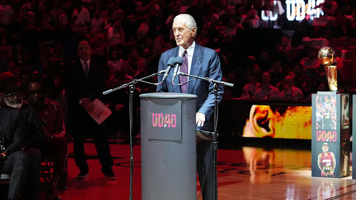 Jan 19, 2024; Miami, Florida, USA; Miami Heat president Pat Riley speaks during the jersey retirement ceremony for former player Udonis Haslem during halftime of the game between the Miami Heat and the Atlanta Hawks Kaseya Center. Mandatory Credit: Jasen Vinlove-Imagn Images