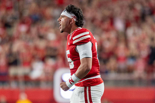 Nebraska quarterback Dylan Raiola celebrates during the Illinois game.