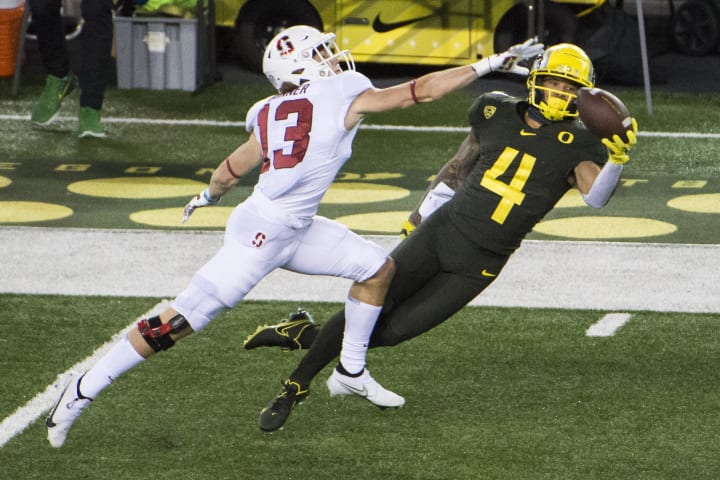 Nov 7, 2020; Eugene, Oregon, USA; Oregon Ducks wide receiver Mycah Pittman (4) catches a pass.