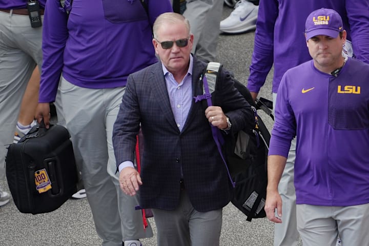 LSU Tigers head coach Brian Kelly arrives before the game against the Clemson Tigers at Memorial Stadium. 