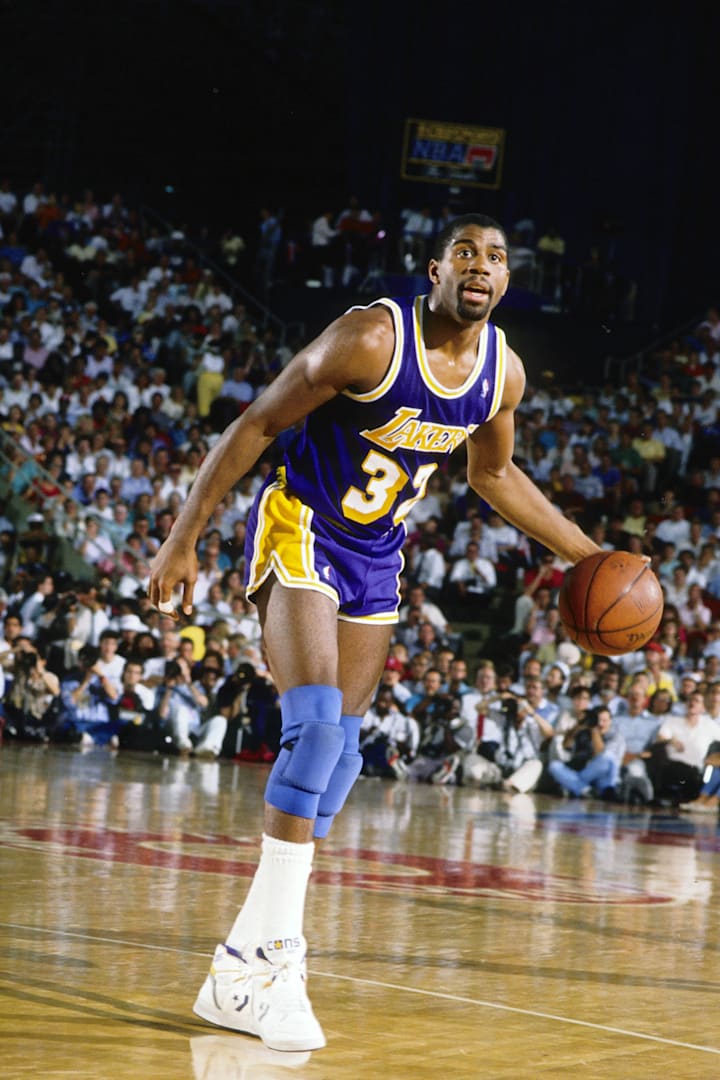 Los Angeles Lakers guard Magic Johnson in action against the Detroit Pistons during the 1988 NBA Finals in June 1988.