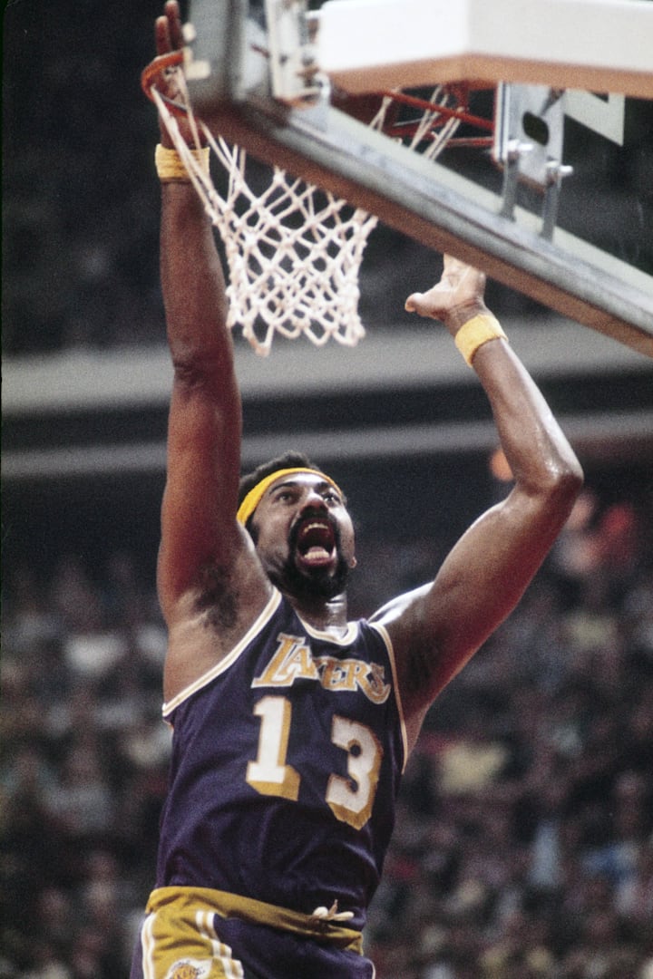 Los Angeles Lakers center Wilt Chamberlain in action against the New York Knicks at Madison Square Garden.