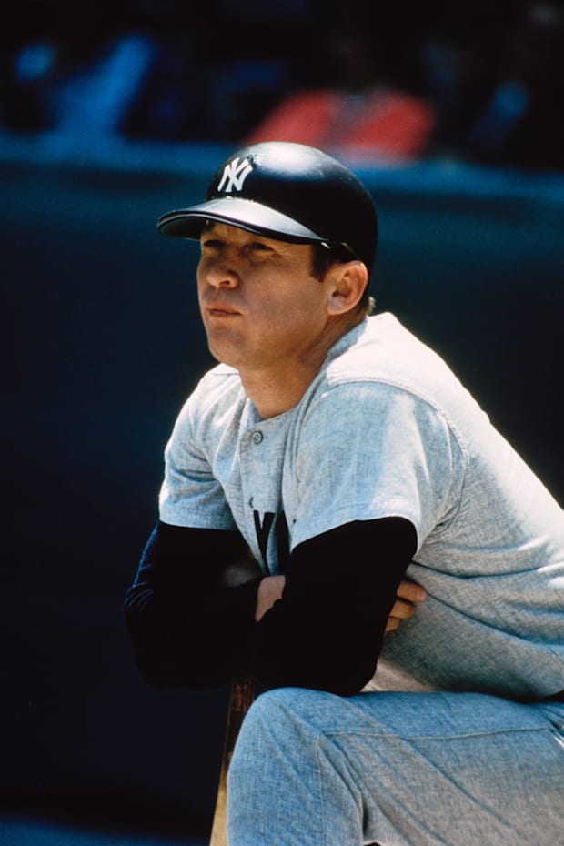 New York Yankees centerfielder Mickey Mantle on the field. 