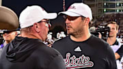 Oct 19, 2024; Starkville, Mississippi, USA; Texas A&M Aggies coach Mike Elko and Mississippi State Bulldogs coach Jeff Lebby speak after a game at Davis Wade Stadium at Scott Field.