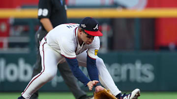 Jul 2, 2025; Atlanta, Georgia, USA; Atlanta Braves shortstop Nick Allen (2) fields a ground ball against the Los Angeles Angels in the fourth inning at Truist Park. Mandatory Credit: Brett Davis-Imagn Images
