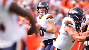 Sep 15, 2024; Denver, Colorado, USA; Denver Broncos quarterback Bo Nix (10) drops to pass the ball in the second quarter against the Pittsburgh Steelers at Empower Field at Mile High. 