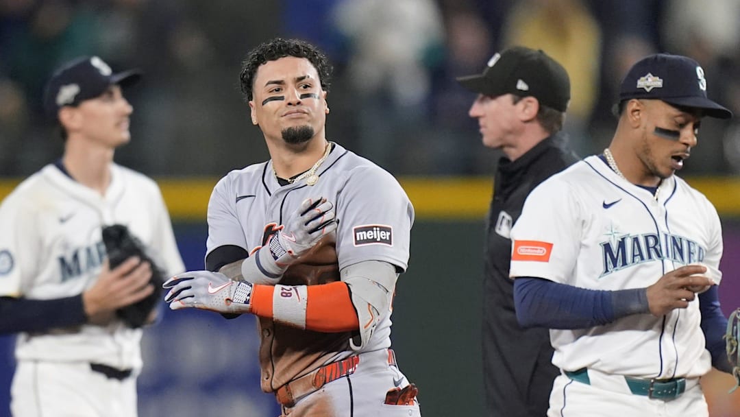 Tigers short stop Javier Baez celebrates hitting a double against Mariners in the sixth inning of ALDS Game 5 at T-Mobile Park in Seattle on Friday, Oct. 10, 2025