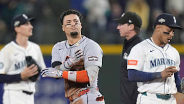 Tigers short stop Javier Baez celebrates hitting a double against Mariners in the sixth inning of ALDS Game 5 at T-Mobile Park in Seattle on Friday, Oct. 10, 2025