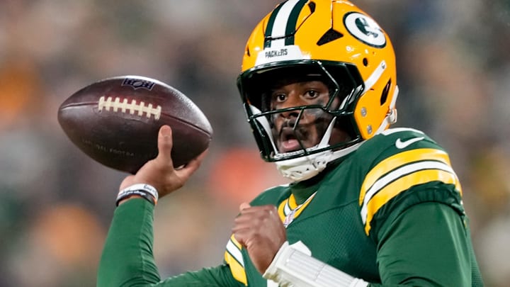 Dec 27, 2025; Green Bay, Wisconsin, USA; Green Bay Packers quarterback Malik Willis (2) throws a pass during the third quarter against the Baltimore Ravens at Lambeau Field.