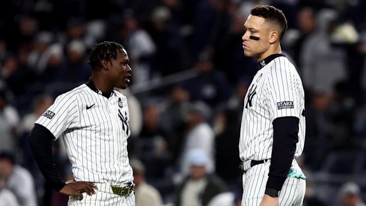 Oct 28, 2024; New York, New York, USA; New York Yankees third baseman Jazz Chisholm Jr. (13) and outfielder Aaron Judge (99) talk after the eighth inning against the Los Angeles Dodgers in game three of the 2024 MLB World Series at Yankee Stadium. Mandatory Credit: Wendell Cruz-Imagn Images Oct 28, 2024; New York, New York, USA; New York Yankees third baseman Jazz Chisholm Jr. (13) and outfielder Aaron Judge (99) talk after the eighth inning against the Los Angeles Dodgers in game three of the 2024 MLB World Series at Yankee Stadium. Mandatory Credit: Wendell Cruz-Imagn Images