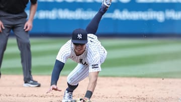 May 3, 2025; Bronx, New York, USA;  New York Yankees shortstop Anthony Volpe (11) makes an error allowing a run to score in the eighth inning against the Tampa Bay Rays at Yankee Stadium. Mandatory Credit: Wendell Cruz-Imagn Images