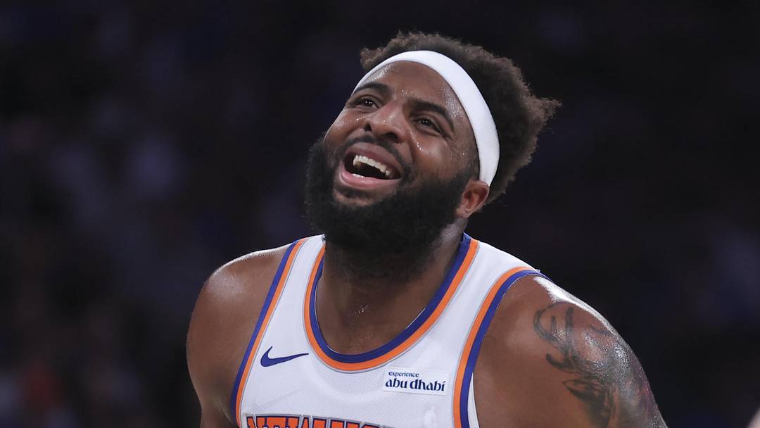May 19, 2026; New York, New York, USA; New York Knicks center Mitchell Robinson (23) reacts to missing a free throw against the Cleveland Cavaliers during the third quarter of game one of the eastern conference finals during the 2026 NBA playoffs at Madison Square Garden. Mandatory Credit: Brad Penner-Imagn Images