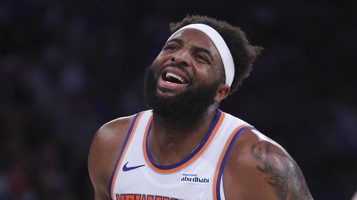 May 19, 2026; New York, New York, USA; New York Knicks center Mitchell Robinson (23) reacts to missing a free throw against the Cleveland Cavaliers during the third quarter of game one of the eastern conference finals during the 2026 NBA playoffs at Madison Square Garden. Mandatory Credit: Brad Penner-Imagn Images