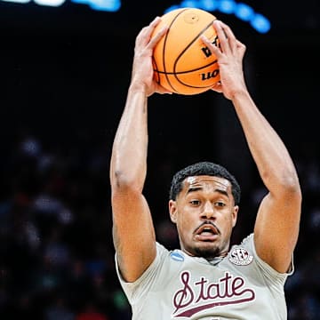 Mississippi State forward Tolu Smith (1) steals a pass from Michigan State during the first half of NCAA tournament West Region first round at Spectrum Center in Charlotte, N.C. on Thursday, March 21, 2024.