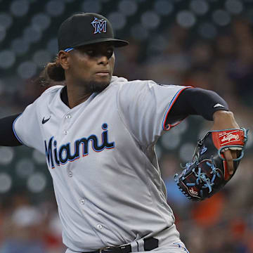 Jun 12, 2022; Houston, Texas, USA; Miami Marlins starting pitcher Edward Cabrera (27) delivers a pitch during the first inning against the Houston Astros at Minute Maid Park.