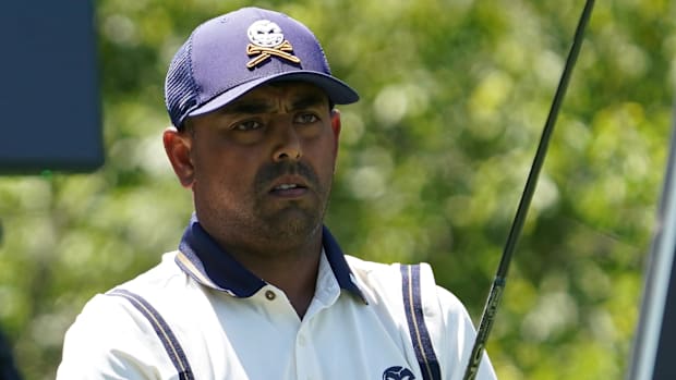 Anirban Lahiri prepares to play his shot during the second round of the LIV Golf Dallas golf tournament in 2025.