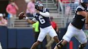 Nov 8, 2025; Oxford, Mississippi, USA; Mississippi Rebels quarterback Trinidad Chambliss (6) passes the ball during the second quarter against The Citadel Bulldogs at Vaught-Hemingway Stadium. Mandatory Credit: Petre Thomas-Imagn Images